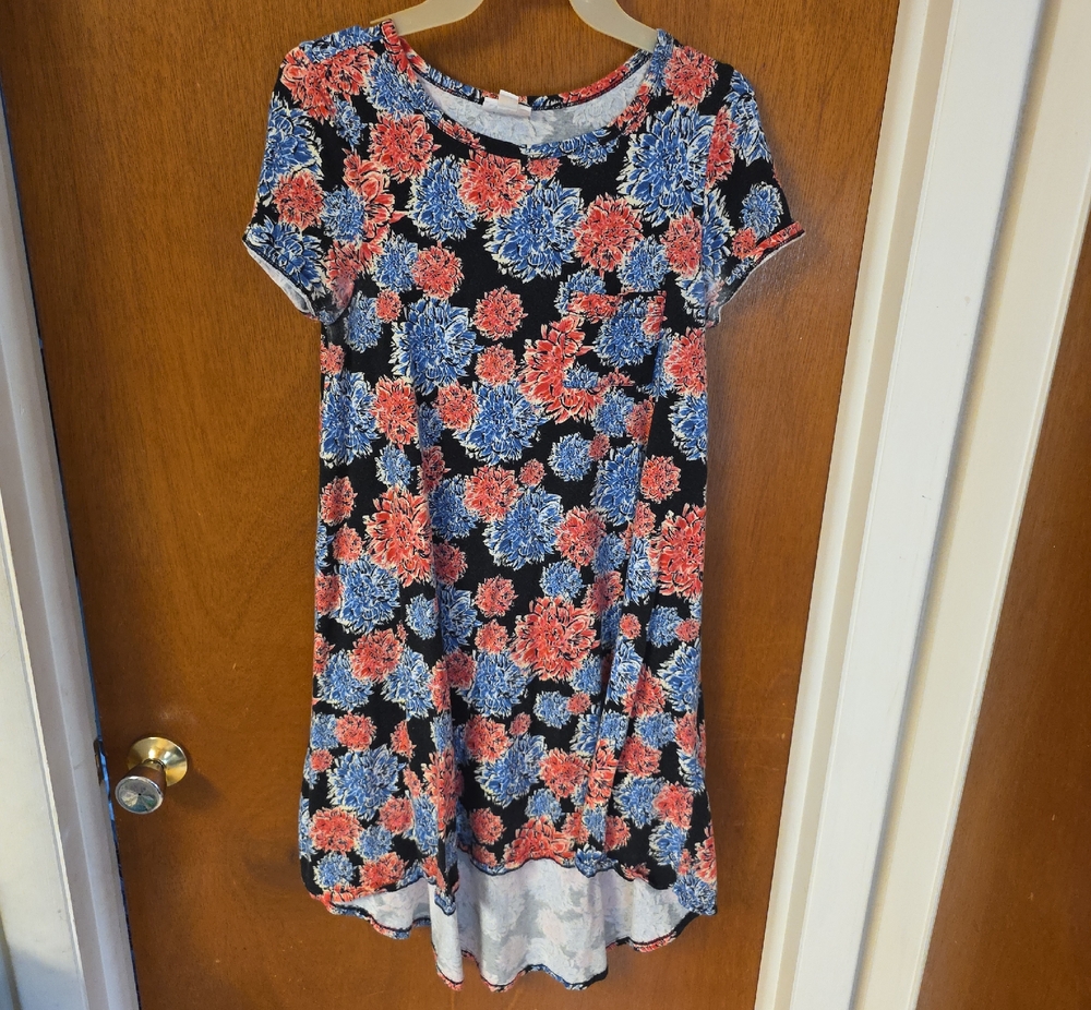 LuLaRoe "Carly"Floral Short Sleeve Swing Dress - Black with Coral & Blue Flowers